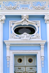 beautiful historic white and blue building in Merida Yucatan, 