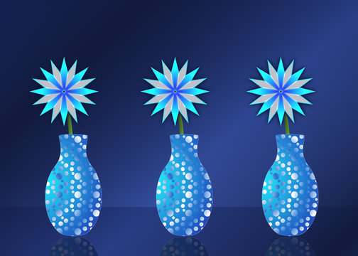 Fototapeta Three Blue Abstract Flowers and Vases