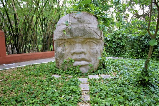 Olmec stone head sculpture in a garden, Teya hacienda in Merida
