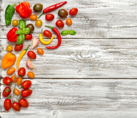 Naklejka na ściany i meble Fresh vegetables tomato, paprika, garlic. Food background