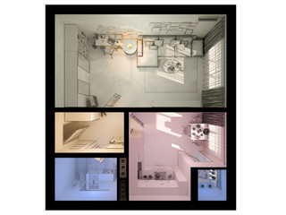 3D visualization of interior design a studio apartment.