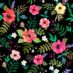 Seamless floral  background. Isolated red flowers and leafs draw watercolor on black.