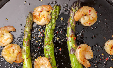 Close up of Asparagus and shrimp.