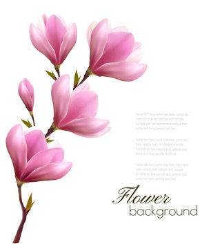 Nature background with blossom branch of pink flowers. Vector