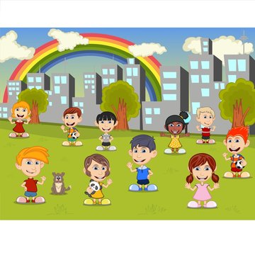 Little kids playing in the city park with rainbow cartoon