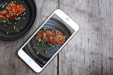 Take photo of korean fried chicken with smart phone