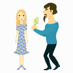 couple man gives flowers and girl blue.  illustration