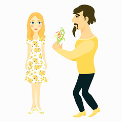 Fototapeta na wymiar couple man gives flowers and girl. illustration