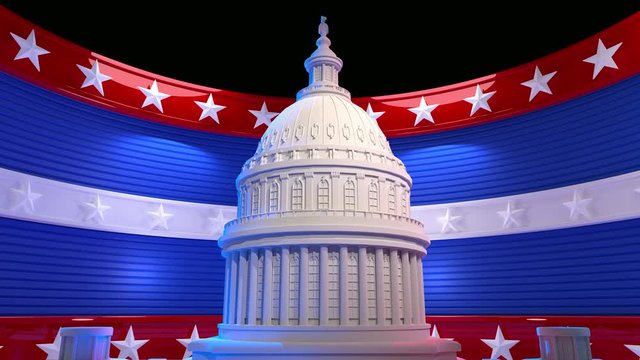 A looping animated Background featuring the US Capitol building against a moving background of stars and stripes.