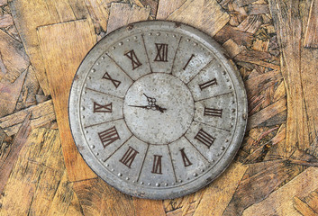 Wall clock old rusty grunge on wooden wall background, (with clipping path)
