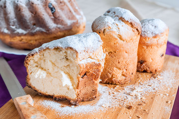 Easter cake with icing sugar and raisins