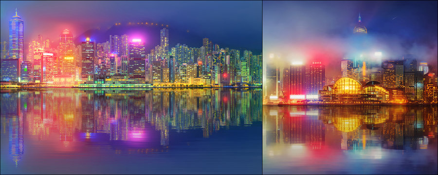 Beautiful cityscape set and collage of Financial district, Hong Kong © boule1301