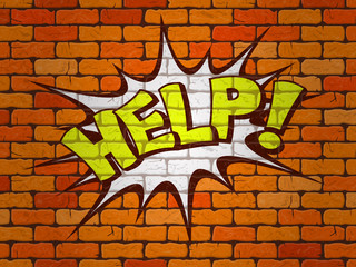 Help word written on the wall of red brick