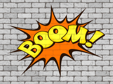 Boom word written on the wall of white brick