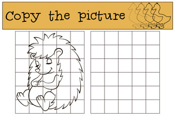 Children games: Copy the picture. Little cute hedgehog sleeps and smiles. © ya_mayka