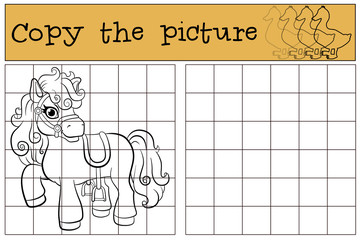 Children games: Copy the picture. Little cute pony stands and smiles.