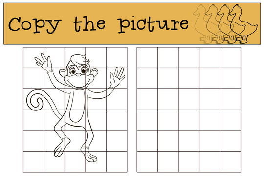 Children games: Copy the picture. Little cute monkey runs and smiles.