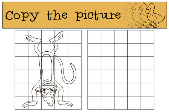 Children games: Copy the picture. Little cute monkey stands upside down.