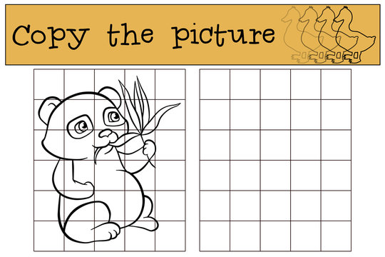 Children games: Copy the picture. Little cute panda eats leaves.