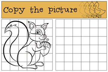 Children games: Copy the picture. Little cute squirrel holds an acorn in the nahds.