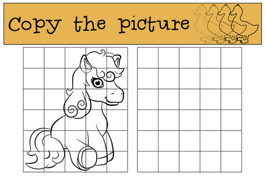 Children games: Copy the picture. Little cute pony sits and smiles.