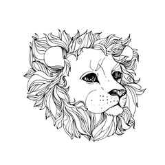 hand drawn ink doodle lion on white background. Coloring page - zendala, design for adults, poster, print, t-shirt, invitation, banners, flyers.
