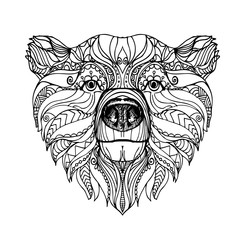 hand drawn ink doodle bear on white background. Coloring page - zendala, design for adults, poster, print, t-shirt, invitation, banners, flyers.