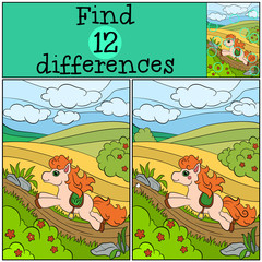 Children games: Find differences. Little cute pony runs and smiles.