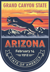 Аризона, эмблема штата США, Пума на закате на синем фоне