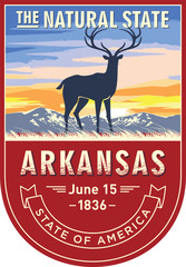 Арканзас, эмблема штата США, олень на рассвете на красном фоне