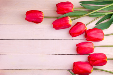 Fototapeta na wymiar Red tulips on the wooden background