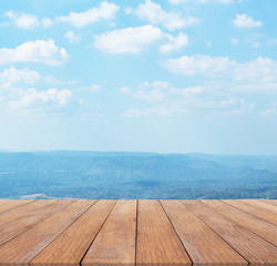 wood table top and sunny day with landscape background
