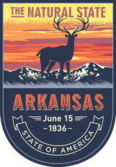 Арканзас, эмблема штата США, олень на закате на синем фоне