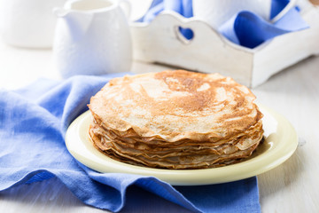  Stack of homemade crepes for brunch or dessert