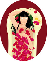 Black haired woman takes a bath with rose petals