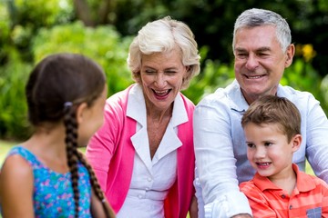 Fototapeta premium Grandparents relaxing with grandchildren at yard 