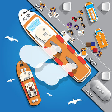 Preparation  cruise ship to sail. View from above. Vector illustration.