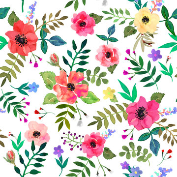 Seamless floral  background. Isolated colorful red flowers and leafs drawn watercolor. 