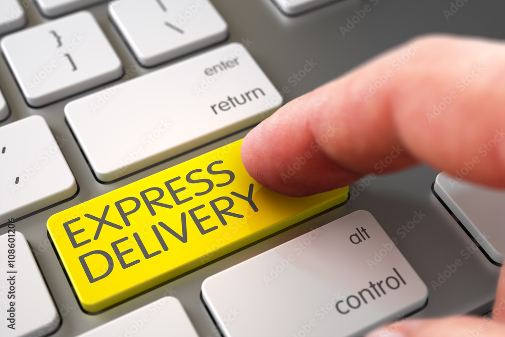 Poster express delivery - modernized keyboard concept. computer user presses express delivery yellow key. h