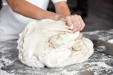 Baker's Hands Kneading Dough At Table