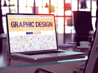 Modern Workplace with Laptop Showing Landing Page in Doodle Design Style with Text Graphic Design. Toned Image with Selective Focus. 3D Render.