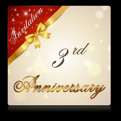 3 year anniversary celebration golden ribbon, anniversary decorative golden invitation card - vector eps10