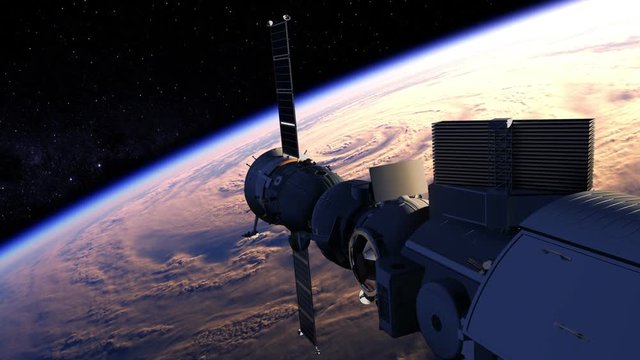 Flight Of Space Station Over The Earth. 3D Animation. 