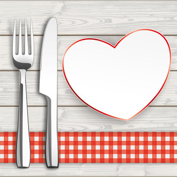 Wood Checked Table Cloth Knife Fork Heart