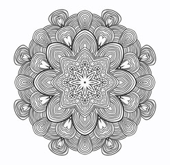 Black and white abstract pattern with leaves and flowers. Doodle. Hand drawn zentagles. Coloring book. Mandala. Sacred geometry.