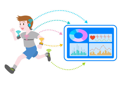 running man who wears various wearable devices, vital sign sensing and wireless communication, image illustration