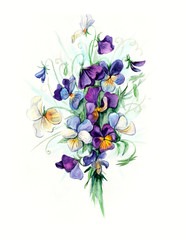 Bouquet violets. Flower backdrop. Watercolor hand drawn illustration