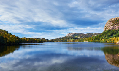 View over the very calm lake Eikelivatnet in the Stavanger area of southern Norway
