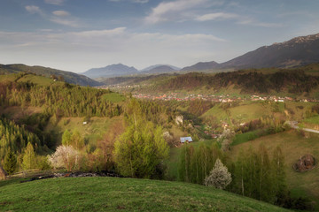 Obraz premium Spring mountain landscape in the Carpathians. Rural view at Moeciu - Bran, Romania