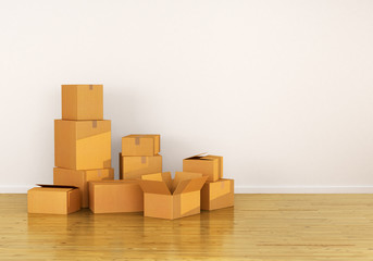 Box, Cardboard Boxes on the floor, against a white wall, Shippin